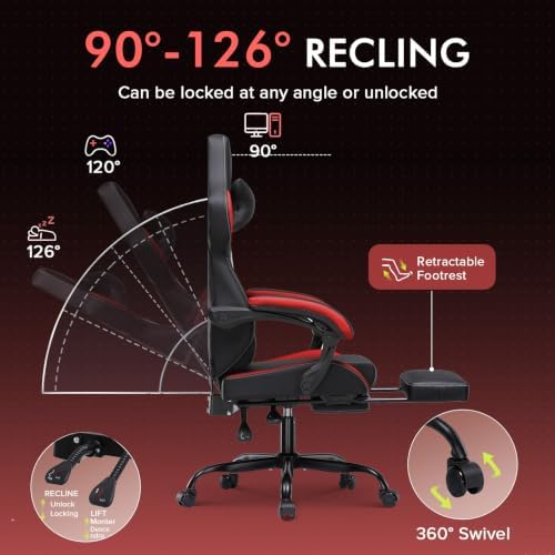 GTPLAYER Gaming Chair with Footrest, High Back Computer Chairs for Adults with Linkage Armrest Lumbar Support Heavy Duty 350lbs Ergonomic Swivel PC Game Chair for Office, Red