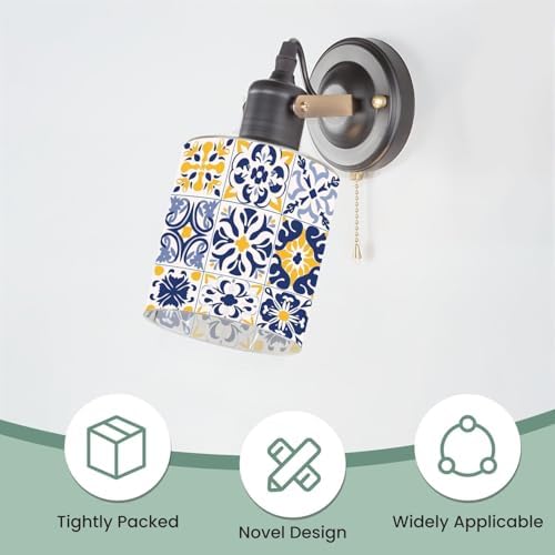 3 Pack Cylinder Glass Lamp Shade Set 16 tiles Azulejos blue gray yellow Original traditional Portuguese Covers with 1-5/8" Fitter Opening Light Fixture Replacement for Table Lamp Bathroom Vanity Light