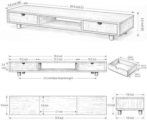 Bamboo Dual Monitor Stand, Natural Desk Shelf with 2 Drawers