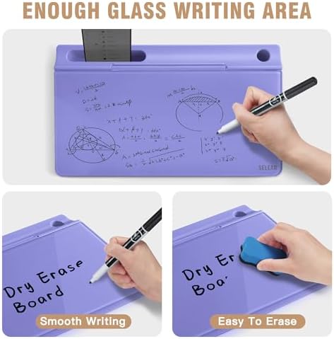 SELEAD Desktop Glass Whiteboard with Storage, 5 Markers and Eraser, Purple