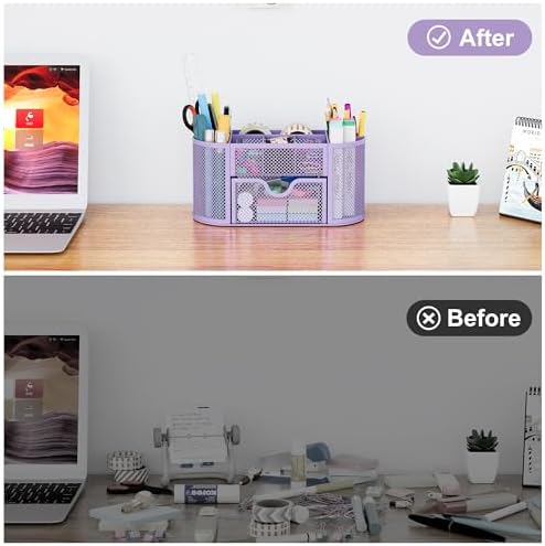 EasyPAG Mesh Pen Holder Desk Organizer with Drawer Stationery Supplies Organizer for Dorm School 9 Compartments Workspace Desk Accessories Organization for Office (Light Purple)