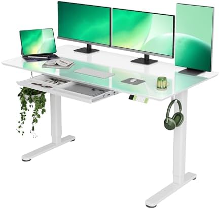 INNOVAR Glass Standing Desk with Drawers 55 x 27.6 Inch Super White