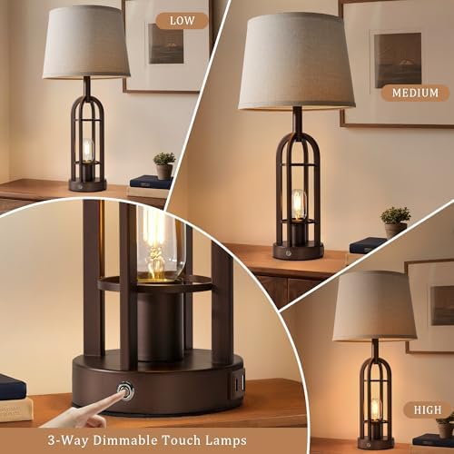 SRJJA 24" Farmhouse Touch Table Lamps for Living Room Set of 2 with USB A+C