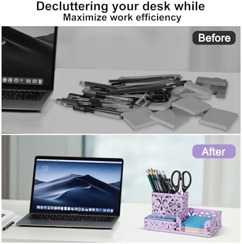 EasyPAG Desk Organizer 3 Compartment Pen Holder for Desk Office Supplies Caddy with Sticky Notes Holder for School Home, Purple