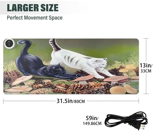 Cat Stretching Heated Mouse Pad Gaming Mouse Pad Waterproof PU Leather Mat Keep Your Hand Foot Warmer, 3 Heat Levels & Auto Shut-Off for Home Office 13x31.5 in