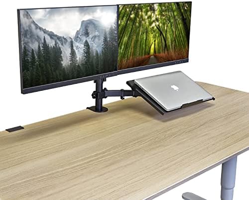 AEONS Dual Monitor and Laptop Desk Mount Combo Stand with Notebook Tray fits 17 inch, 3-in-1 Adjustable Triple Arm Mount fits 27 inch LCD Screen with VESA, Clamp and Cable Management, Black