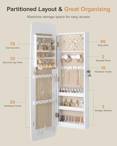 Nicetree Rounded Mirror Jewelry Cabinet, Lockable, Wall Mounted, Moon White