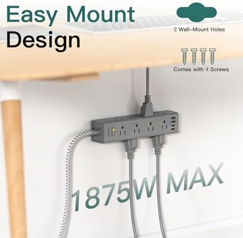 10FT Extension Cord, Power Strip Surge Protector with 12 AC Outlets & 4 USB