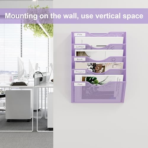 EasyPAG Wall File Organizer 5 Tier Hanging Paper Folder Holder, Zero Assembly Metal Mesh Wall Mounted Mail Organizer for Office Home Classroom Narrow Spaces, Puple