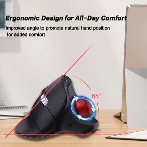 JOMAA Wireless Vertical Trackball Mouse - Ergonomic Design, 3-Device Switching, 2.4G/Bluetooth 5.0, Rechargeable Type-C, Adjustable DPI, Compatible with Windows/macOS/iOS/Android (RED)