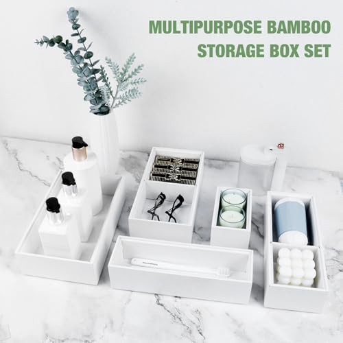Bamboo Drawer Organizer,5 PCS White Bathroom Tray&Desk Organizers and Storage,Cabinet Divider With Removable Silverware Organization for Kitchen,Utensils,Junk,Office,Makeup