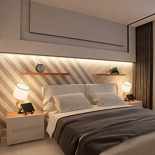 Robot Desk Lamp Set of 2, Creative Bedside Lamp for Bedroom,Wooden Lamp Body Adjustable,DIY E26 Living Room Table Lamps with Fabric Shade,Modern Indoor Decorative Lighting, TB-QBT005-WHM2