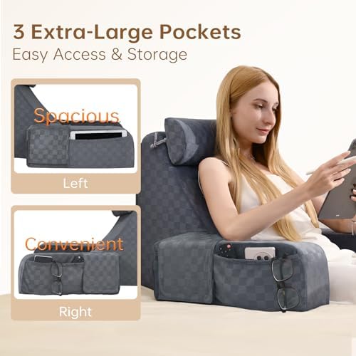Vekkia 19'' Reading Pillow for Adults with XL Side Pockets, Adjustable Arms