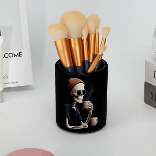 Cool Skeleton Drinking Coffee Pen Holder Pencil Organizer Cute Pencil Cup Desk Decor Makeup Brush Holder PU Multifunctional Office Supplies for Home Classroom School