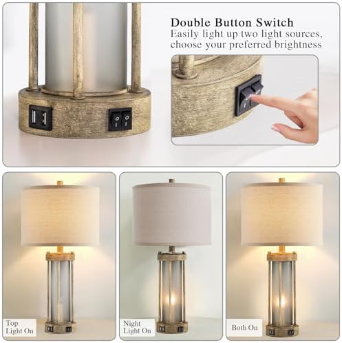 RORIA Farmhouse Table Lamps Set of 2 for Living Room with 2 USB Ports