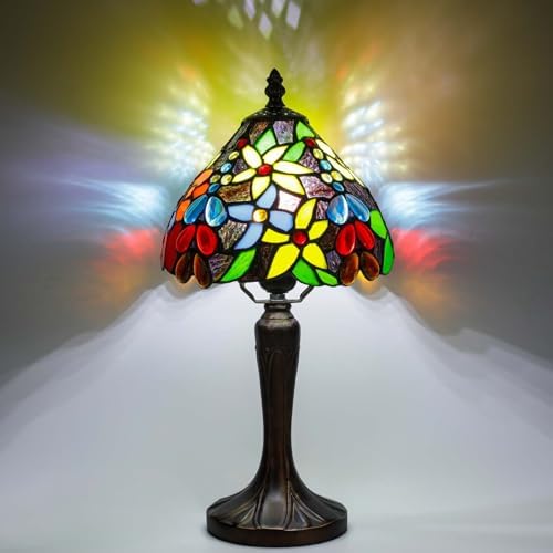 Stained Glass Bedside Small Table Lamp, Adjustable 3 Color Temperature, Floral Flower Style Lampshade & Antique Leaf-Patterned Relief Base Desk Nightstand Light Decor for Bedroom Bookcase