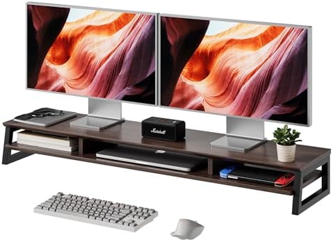 Dual Monitor Stand Riser for Desk, 41.7 Inch Large 2 Tier Computer Monitor Stand for 2 Monitors, Desktop Storage Organizer Shelf with Keyboard Space for Laptop PC Printer Brown