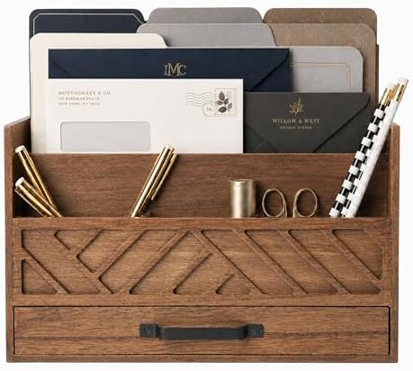 BLU MONACO | Wooden Mail Organizer with Drawer and Compartments | Mail Sorter Organizer Countertop for Desk Entryway | Outgoing Mail Holder Wood Desktop File Storage