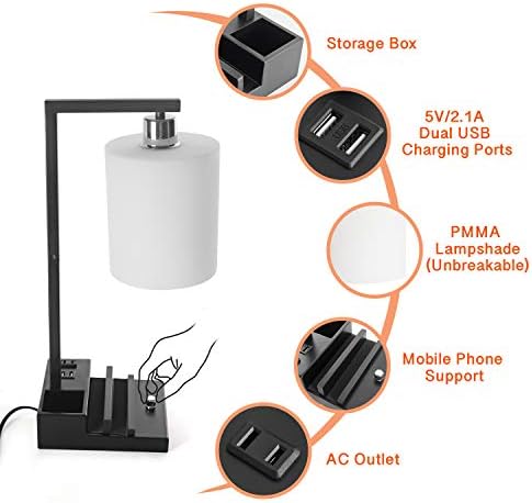 Bedroom Lamps for Nightstand, 3 Color Temperature Nightstand Lamp Bedside Lamps with Dual USB Ports and Outlet, Modern Table Lamp Built-in Pen Holder & Phone Stands, Energy Saving LED Bulb Included