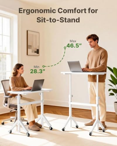 Marsail Mobile Stand Up Desk with Wheels, Adjustable Height Desk from 28.3″ to 46.5″, Rolling Standing Desk with Lockable Wheels, Portable Small Desk for Walking Pad and Treadmill, White