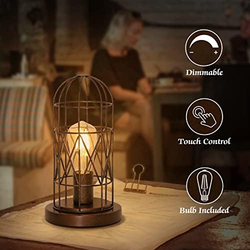Small Touch Lamp, Industiral Bedside Table Lamp with Antique Bronze Cage