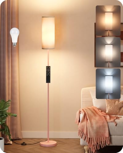 Slim Floor Lamp for Living Room with Magnetic Remote and Foot Switch, Dimmable Mood Lamp for Bedroom Nursery, 3 Color Temperatures, 1-Hour Timer, 900LM LED Bulb & Batteries Included, Pink PCW06LD05W1