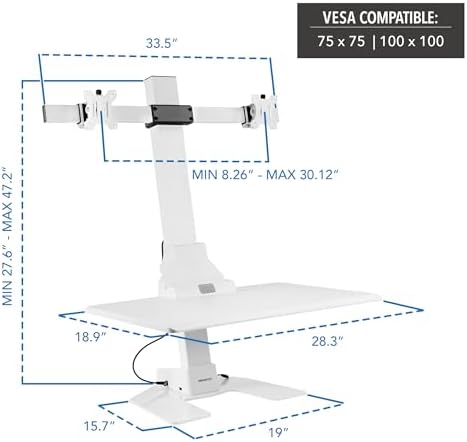 Mount-It! Electric Standing Desk Converter, Motorized Sit Stand Desk Riser with Dual Monitor Mounts, Adjustable Height Ergonomic Workstation with 28” Wide Platform and Tablet/Phone Slot, White
