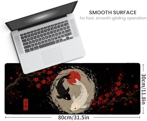 Koi Fish Gaming Mouse Pad,Japanese Large Desk Mat, 31.5x11.8x0.12in Extended Non-Slip Rubber Red Flower Art Mousepad, Computer Deskmat Gifts, Laptop Mice Pads Decor for Office Home