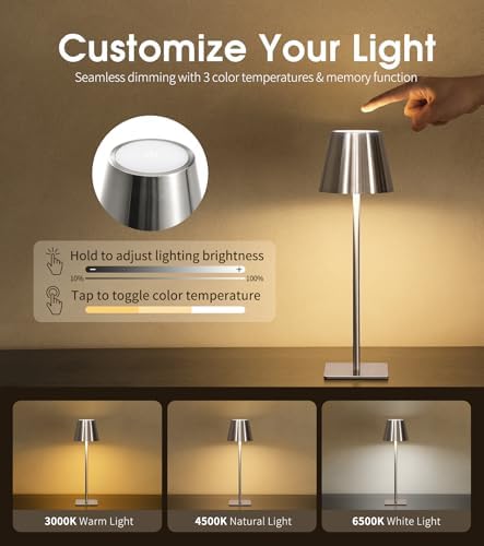 UME Cordless Table Lamp, Battery Operated Lamp - Portable Waterproof Rechargeable Table Lamp w/ 3 Color Temps & Stepless Dimming for Dinner, Desk, Cafe, Outdoor (Brushed Silver)