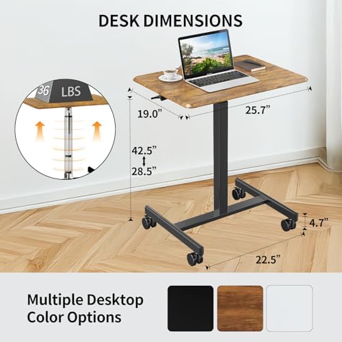 YSSOA Mobile Small Standing Desk - Rolling Desk with Adjustable Height and Lockable Wheels, Sit-Stand Laptop Table, Portable Computer Workstation, Brown