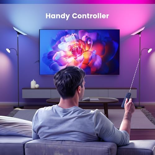 SIBRILLE RGB Torchiere Floor Lamp - 2 Way Dimmable LED Standing Lamp with Remote&Button Control, 34W Rotatable Floor Reading Light, 72'' Tall Modern Corner Lamp for Living Room Bedroom Office, Black