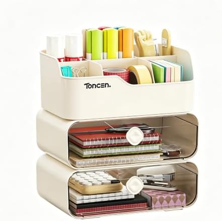 Desk Organizer with Drawers & Divided Compartments, Stackable Desktop Storage Caddy for Makeup and Office Stationery (Cream)