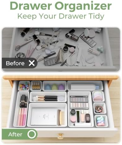 BiuLeon 25 PCS Plastic Drawer Organizers Set, 4-Sizes Vanity and Makeup Organizer, Desk and bathroom Drawer Organizer Trays, Organizers and Storage for Makeup, Jewelry, Gadgets, Utensils (White)