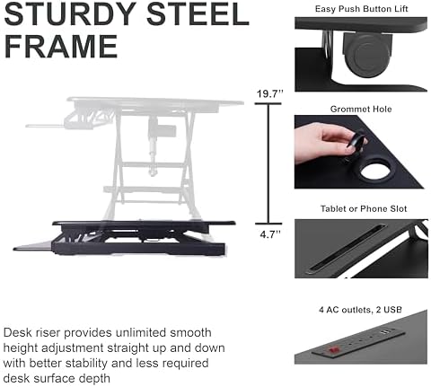 Rocelco 37.4" Electric Standing Desk Converter with Anti-Fatigue Floor Mat - AC USB Charger - Motorized Adjustable Sit Stand Up Computer Workstation Riser - Large Keyboard Tray - Black (R EDRB-MAFM)