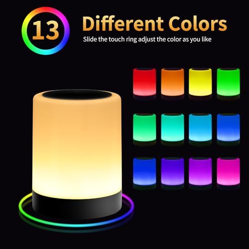 OORUN Touch Bedside Table Lamp,13 RGB Colors & 5 Brightness, USB Rechargeable Desk Lamp, Remote Control Dimmable Light with RGB Color Changing,Portable Lamp for Baby (Black)