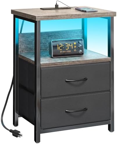 Fixwal Night Stand with Charging Station, Led Nightstand, 2 Fabric Drawers