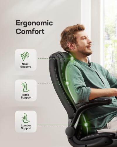 Marsail Executive Office Chair Ergonomic Desk Chair with Flip-up Armrests PU Leather Height-Adjustable Swivel Rolling Dark,Pack of 2