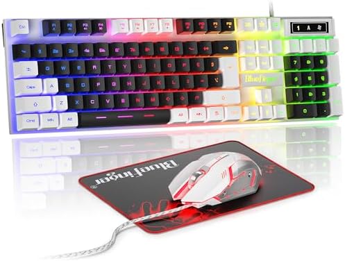 BlueFinger RGB Gaming Keyboard and Backlit Mouse Combo, USB Wired, LED Gaming Set for Laptop PC Computer Game and Work (White & Black)