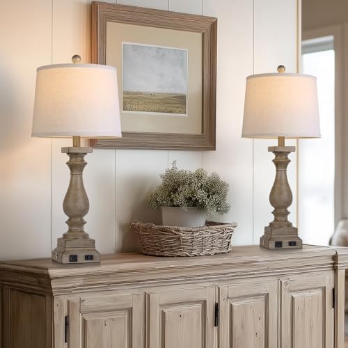 28" Tall Farmhouse Table Lamps Set of 2 with USB C+A Ports and AC Outlet, 3 Way Touch Control Rustic Bedside Lamp for Bedroom, Brown Vintage Nightstand Lamp for Living Room Office