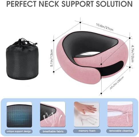 Neck Travel Pillows for Airplanes Memory Foam Neck Comfort Pillow Compact Ergonomic Design Sleeping Essentials for Long Flights Car Rides and Home Use (Pink)