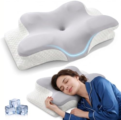 Cervical Pillow for Neck Pain Relief, Orthopedic Memory Foam Pillow with Cooling Cover, Contour Ergonomic Support for Side Back Stomach Sleepers (Grey)