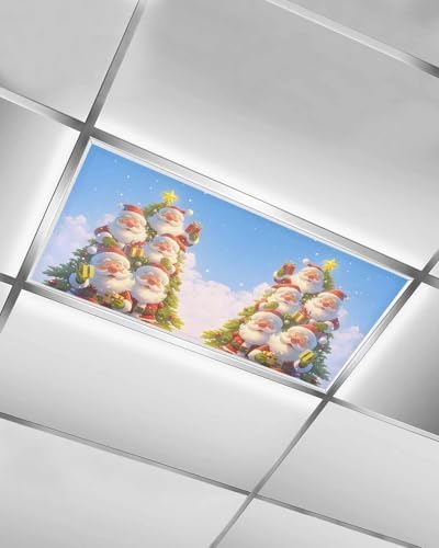 Christmas Magnetic Fluorescent Light Covers for Ceiling Lights 2 x 4 Feet,Santa Claus Christmas Tree Snowflakes Blue Office Classroom Kitchen Drop Ceiling Light Covers Filters Shade Panel 1 Pack
