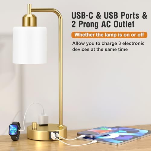 Innqoo Industrial Table Lamps for Bedroom Set of 2 - Fully Dimmable Bedside Lamps with USB Ports and Outlet, Gold Nightstand Lamps with Opal Glass Shade for Living Room, Desk Lamps for Office Reading