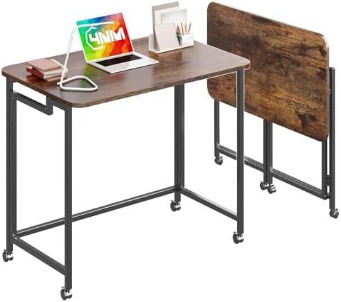 4NM 27.5" Mobile Small Rolling Computer Desk, Folding Laptop Cart Table with Wheels, Portable Office Desk for Small Space Couch Bed - Rustic Brown and Black