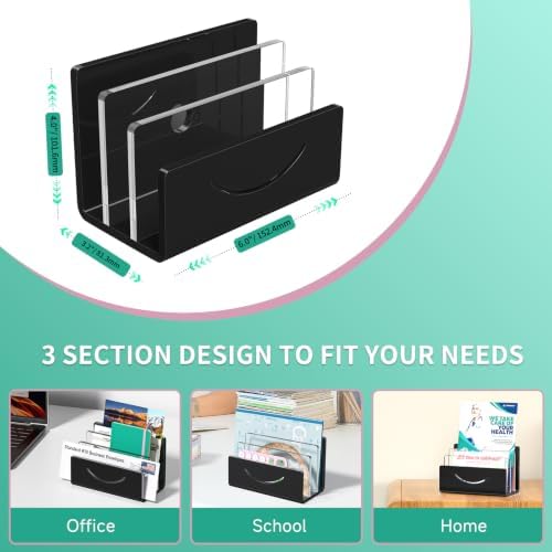 Mail Organizer Envelope Holder - 3 Compartments Black Acrylic Mail Holder Countertop Home Office Desk Organizer Small File Sorter Vertical Bill Letter Paper Document Storage Rack