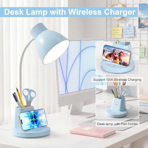 10W Wireless Charging LED Desk Lamp with Pen Holder, CRI 95, Blue