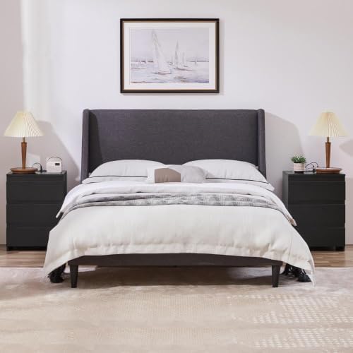 Yaheetech Bedroom Nightstand with Charging Station, 3-Drawer Dresser, Black
