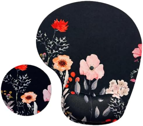 Mouse Pad with Wrist Support, Ergonomic Mouse Pads with Memory Foam Wrist Rest, Easy Typing Pain Relief, Comfortable Home Office Computer Wrist Support Pads for Working Studying Gaming, Flower Black