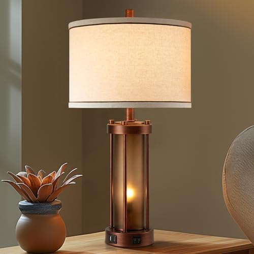 RORIA Set of 2 Farmhouse Table Lamps for Living Room with 2 USB Ports