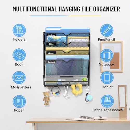 SUPEASY 5-Tier Wall File Organizer with Hooks, Wall Mounted Mail Organizer